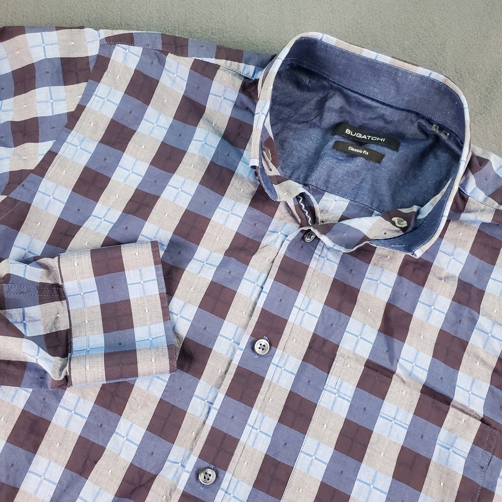 Bugatchi Classic Fit Men's Plaid Button Down Shirt Blue Medium